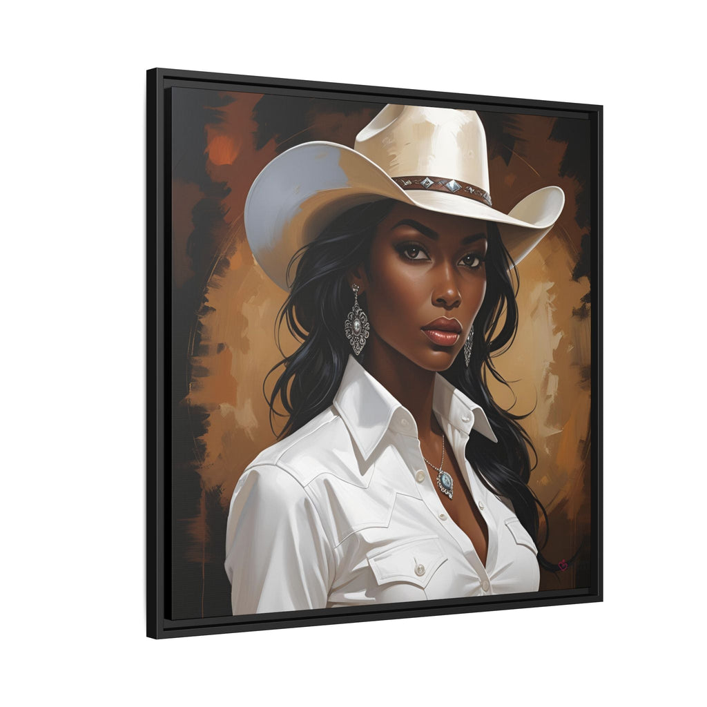 Framed western theme artwork of a woman wearing a cowboy hat and white shirt on a brown background - Side View.