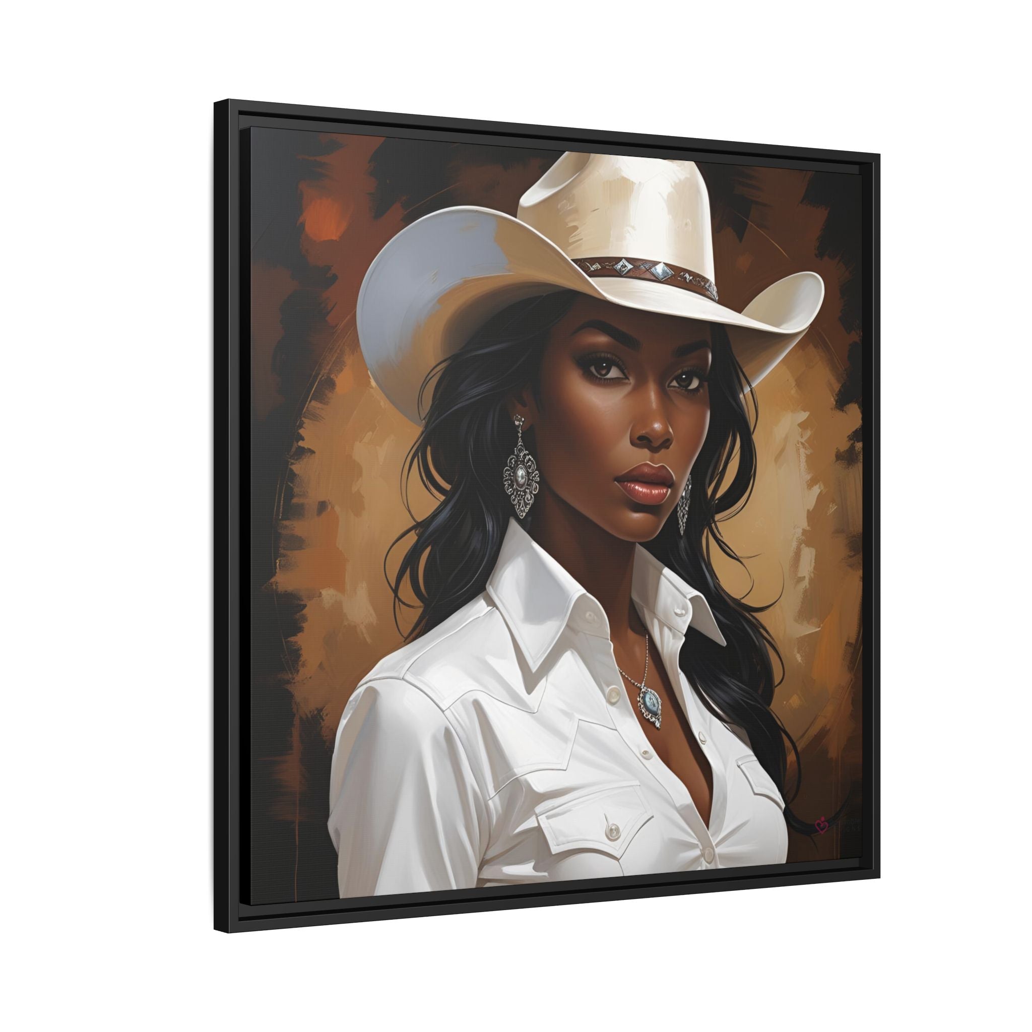 Framed western theme artwork of a woman wearing a cowboy hat and white shirt on a brown background - Side View.