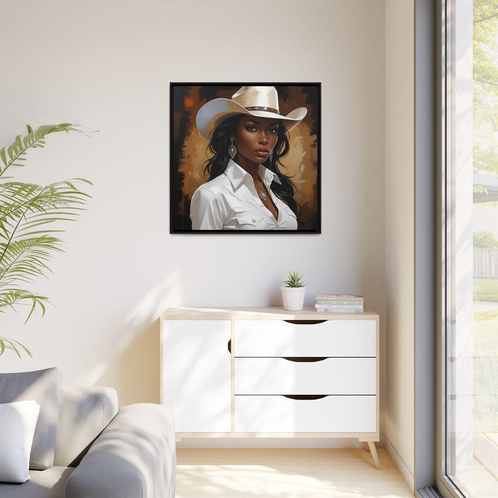 Framed portrait of an African American Woman wearing a cowboy hat with white shirt in a modern living room.