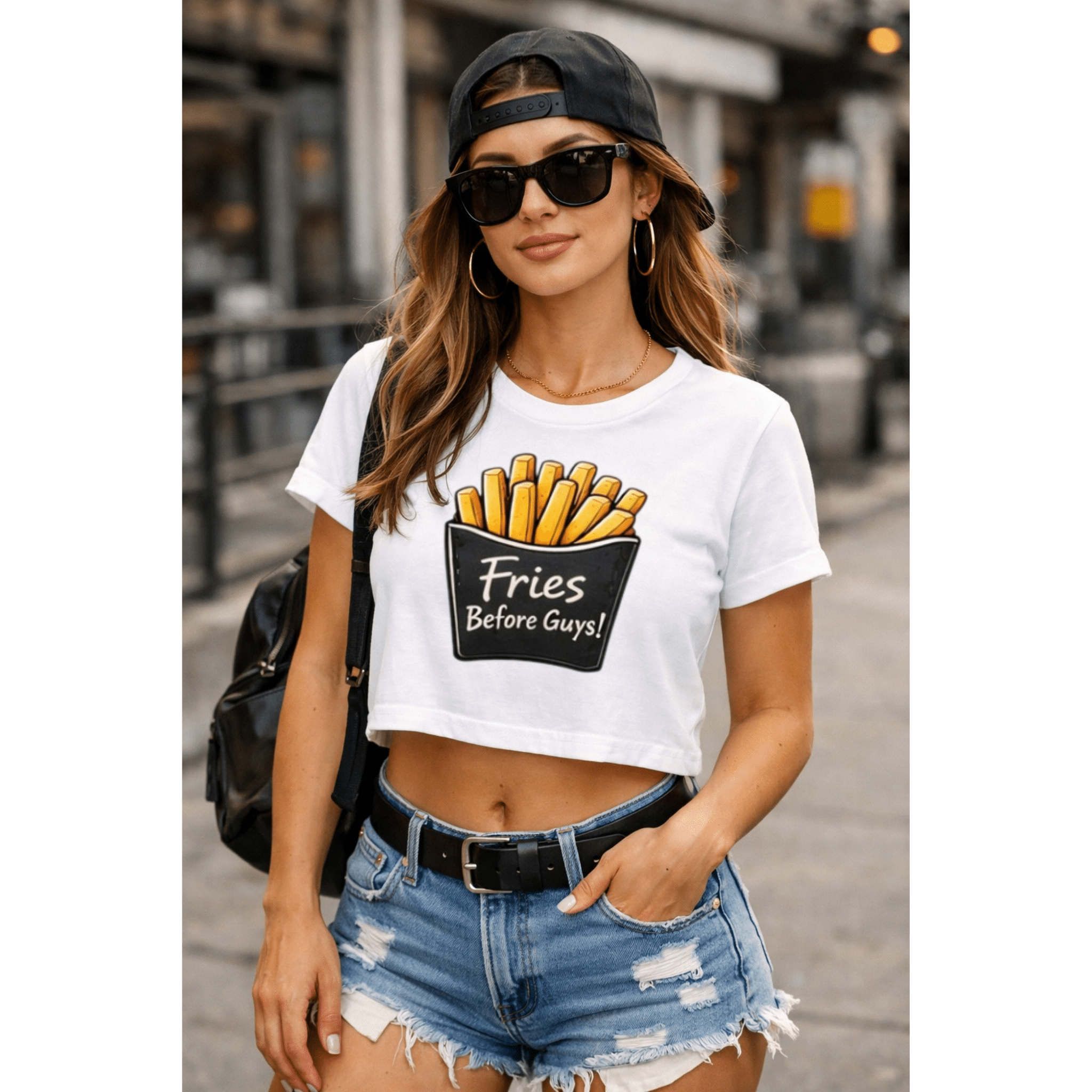 Relatable Designs "Fries Before Guys" graphic t-shirt styled with denim shorts casual summer outfit mock-up