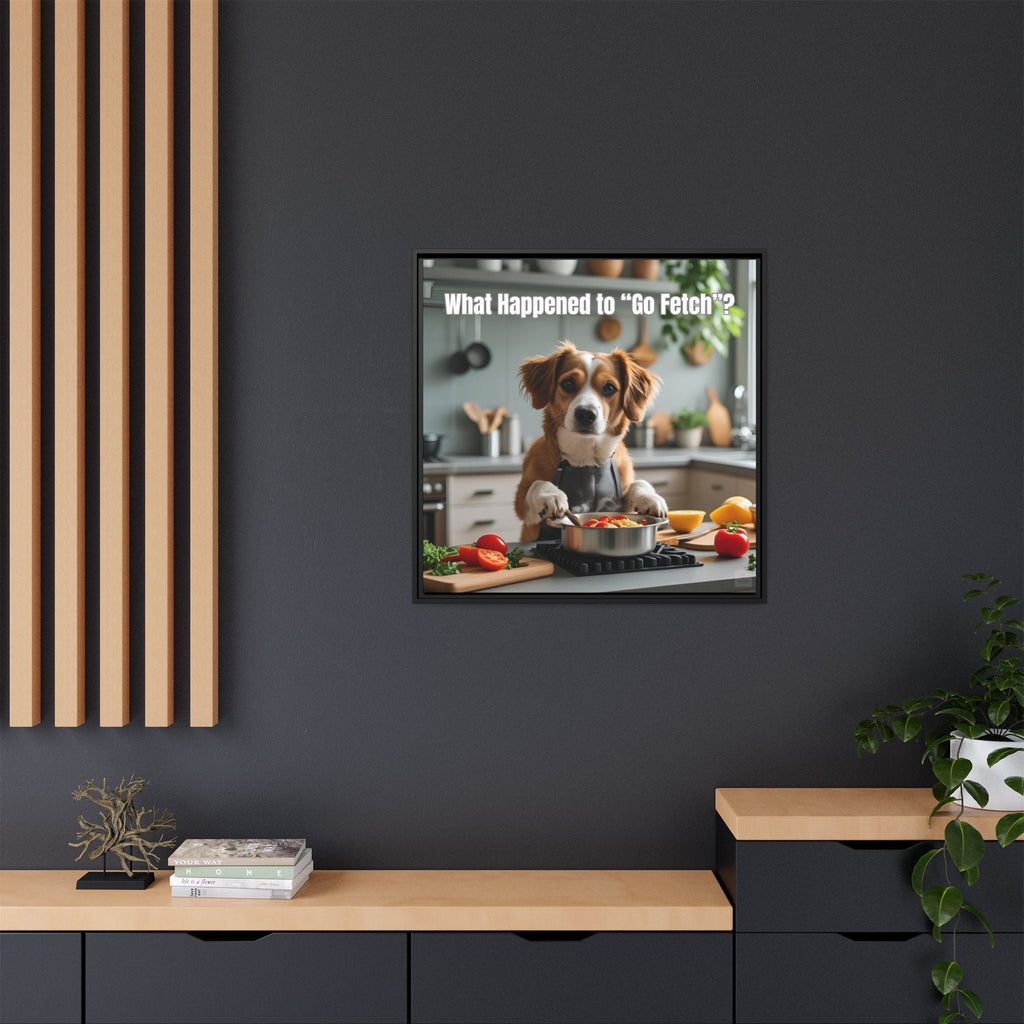 Framed canvas of a dog in a kitchen with text on a dark wall.