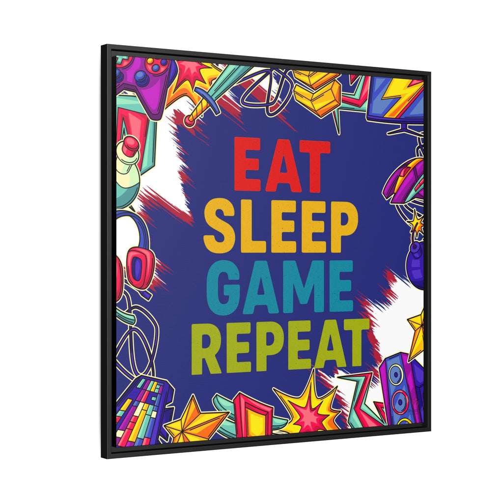 Colorful framed canvas with 'Eat Sleep Game Repeat' text and gaming-themed graphics.