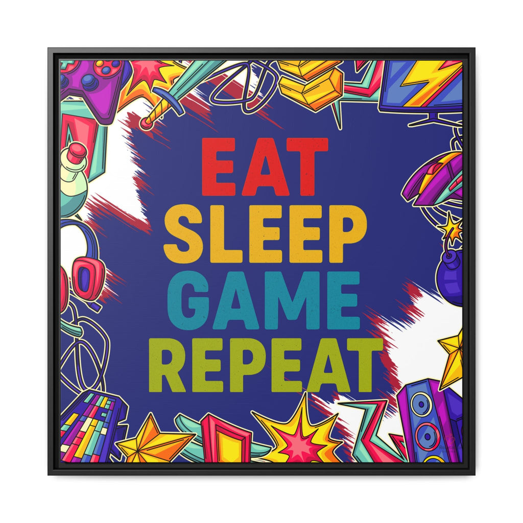 Colorful wall art with 'Eat Sleep Game Repeat' text and gaming graphics on a blue background by Relatable Designs.