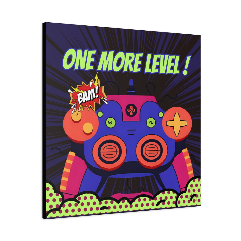 Gaming Canvas print with a colorful design and text 'ONE MORE LEVEL!' on a white background.