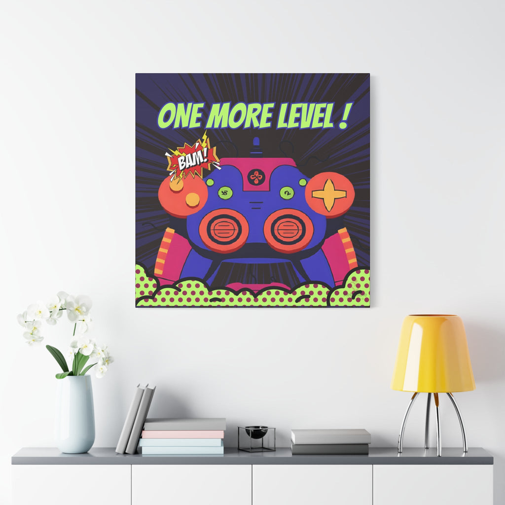 Colorful motivational gaming wall decor with a robot design and 'One More Level!' text on a wall above a shelf.