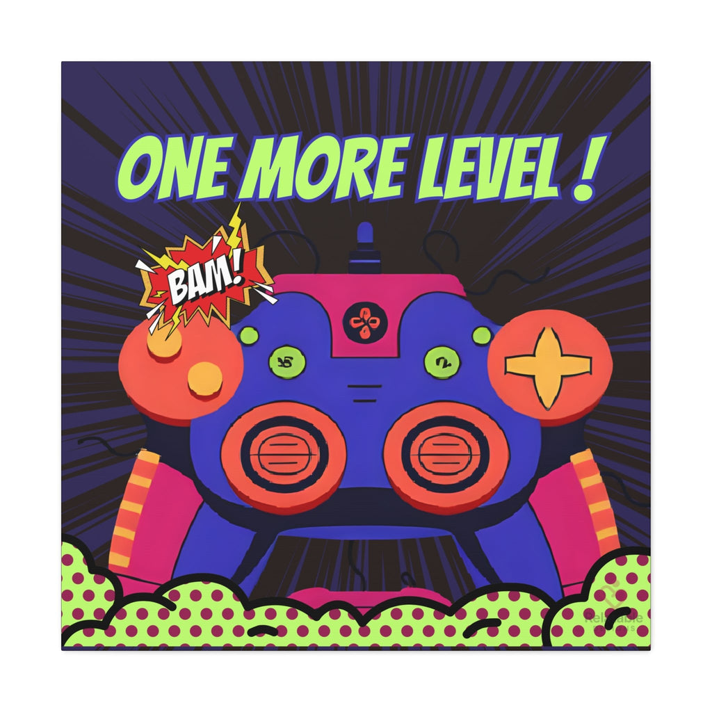 Colorful gaming wall art with a robot design and 'One More Level!' text on a dark background by Relatable Designs.