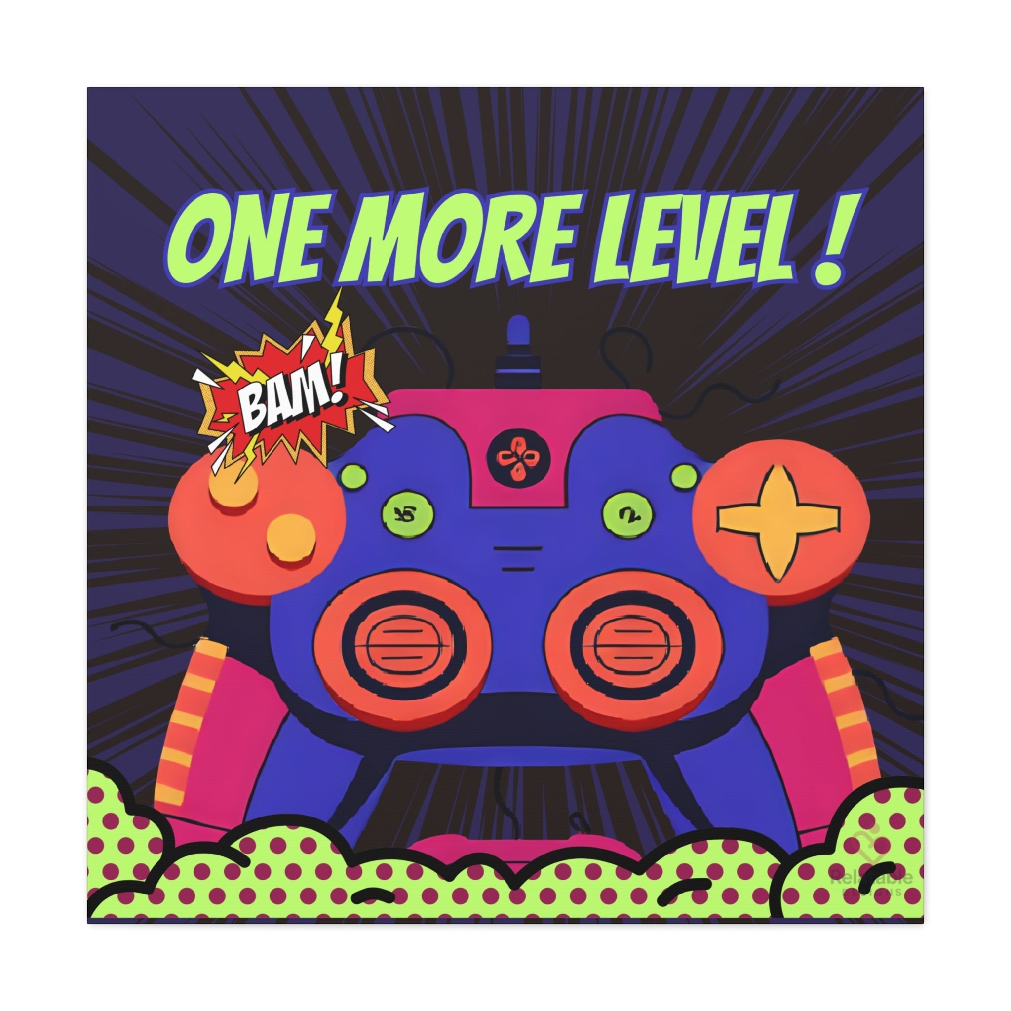 Colorful gaming wall art with a robot design and 'One More Level!' text on a dark background by Relatable Designs.