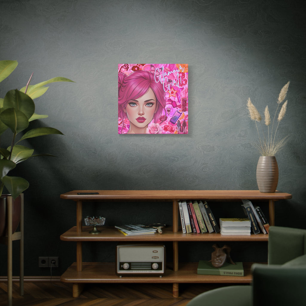 Lounge with a painting of a woman with pink hair and makeup on a dark wall with books and plant on a shelf.