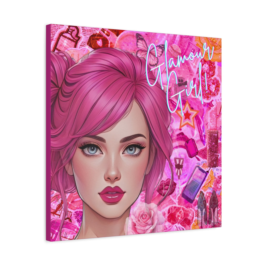 Trendy canvas wall art with stylized image of a woman's face with 'Glamour Girl' text on a pink background with decorative elements.