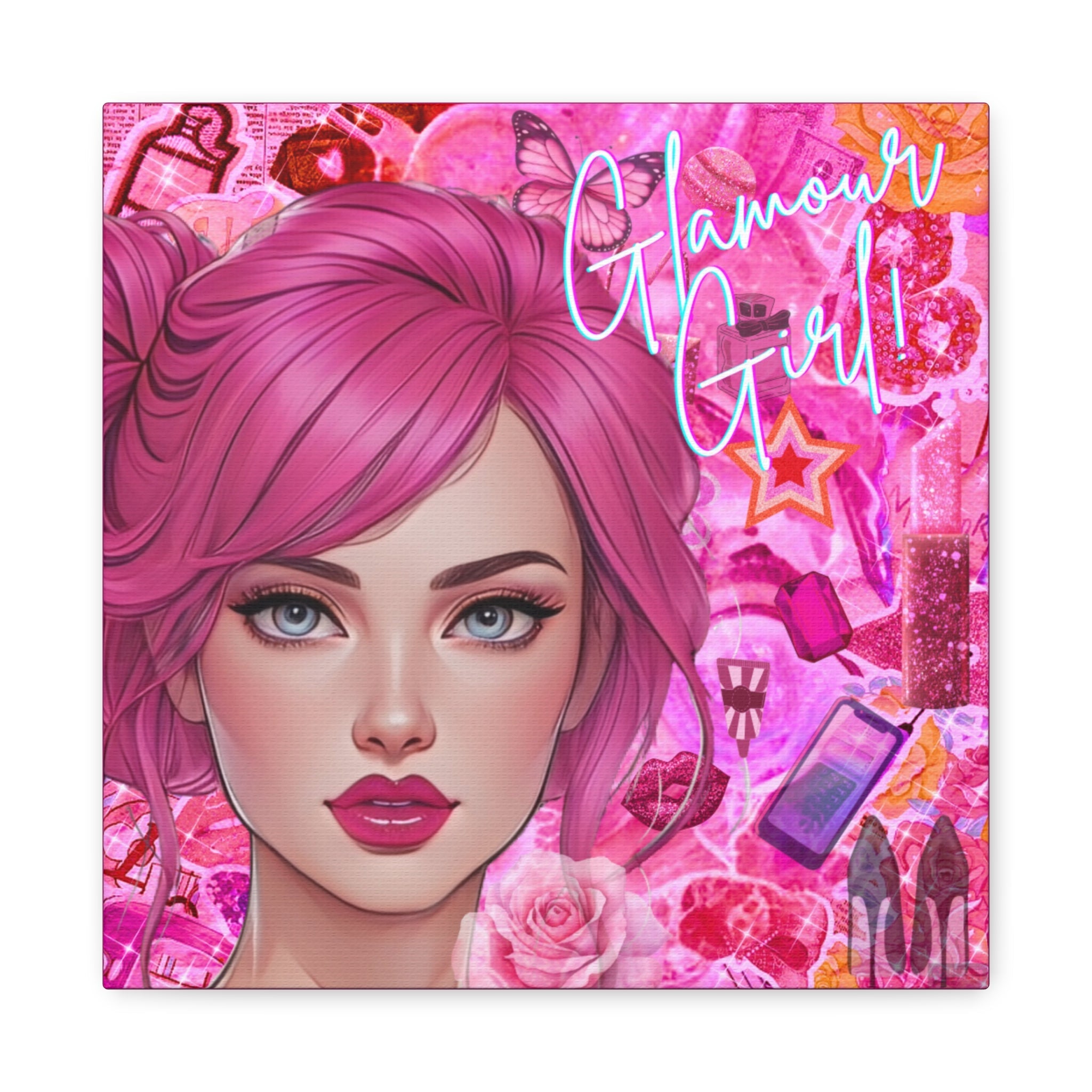 Pink chic wall art of woman with pink hair and makeup, with decorative elements on a pink background by Relatable Designs.