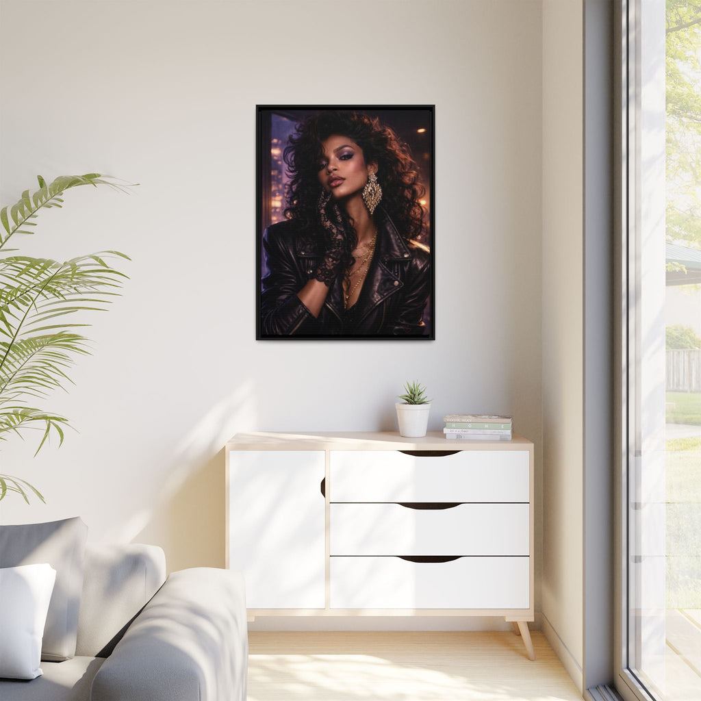 Framed portrait of a woman in an 80's outfit on a wall above a white cabinet with a plant and books.