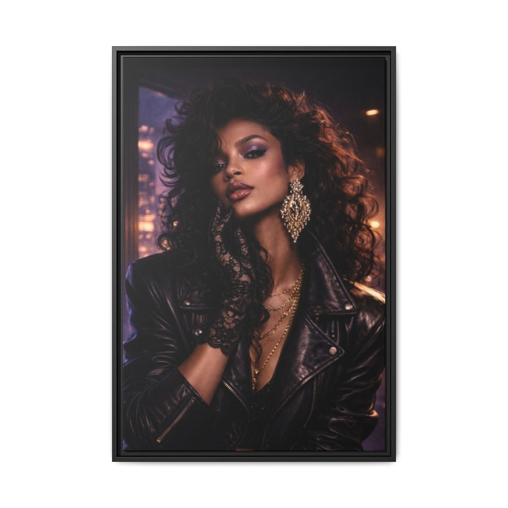 80s inspired wall art featuring a woman in black leather jacket, statement earrings and lace gloves by Relatable Designs