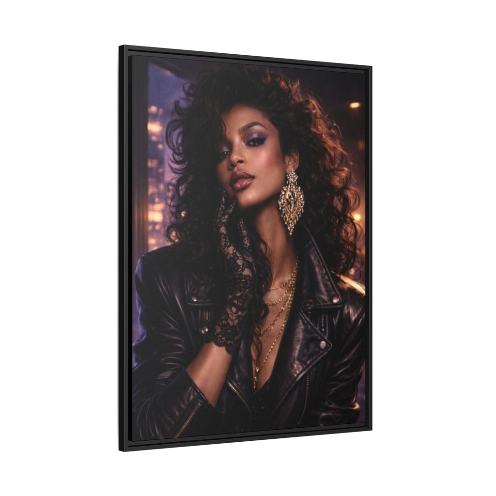Framed artwork of a woman with big hair wearing 80s earrings and lace gloves with a dark background - side view.