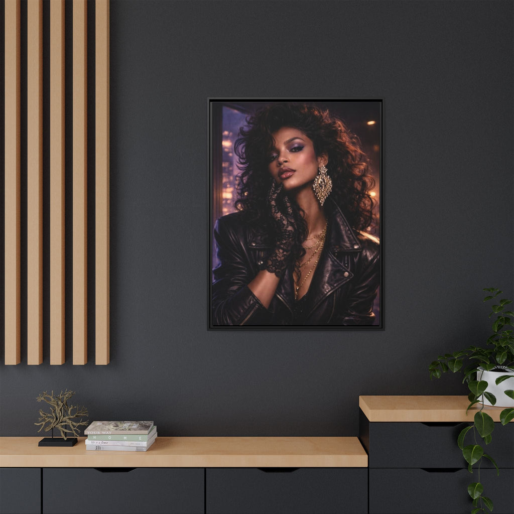 Framed portrait of a woman with 80's curly hair and jewelry on a dark wall above a wooden console table.
