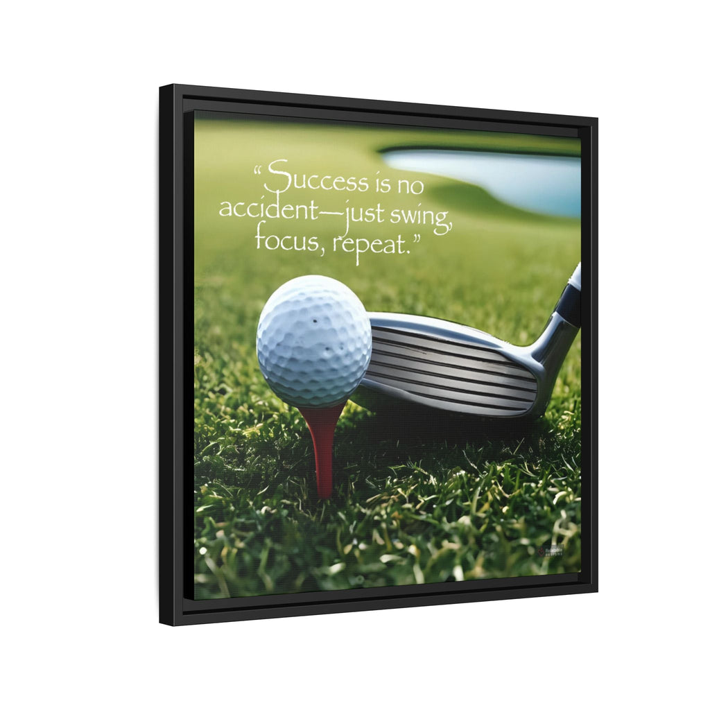Framed picture of a golf ball and club on grass with inspirational quote about success.