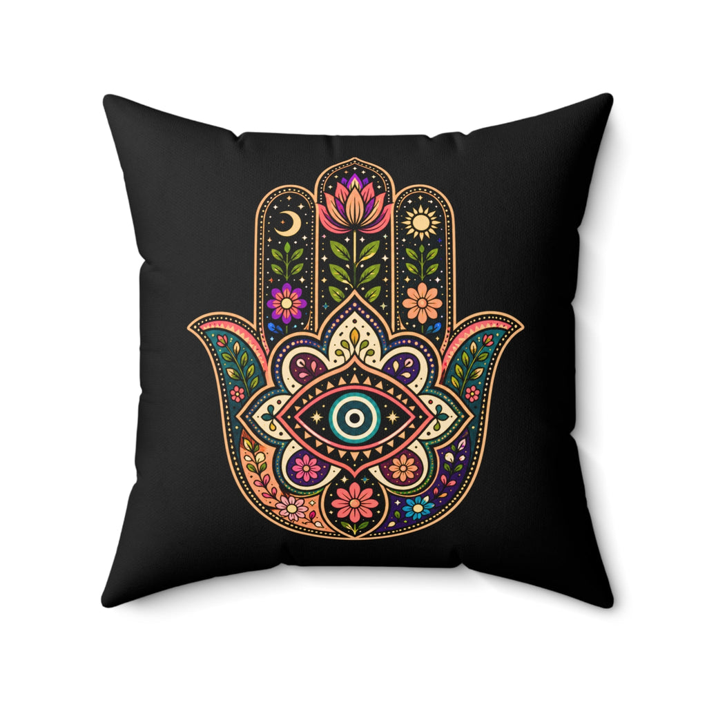 Hamsa Hand Decorative Pillow | Boho Faux Suede Throw Cushion | Spiritual Evil Eye Protection Accent Pillow by Relatable Designs