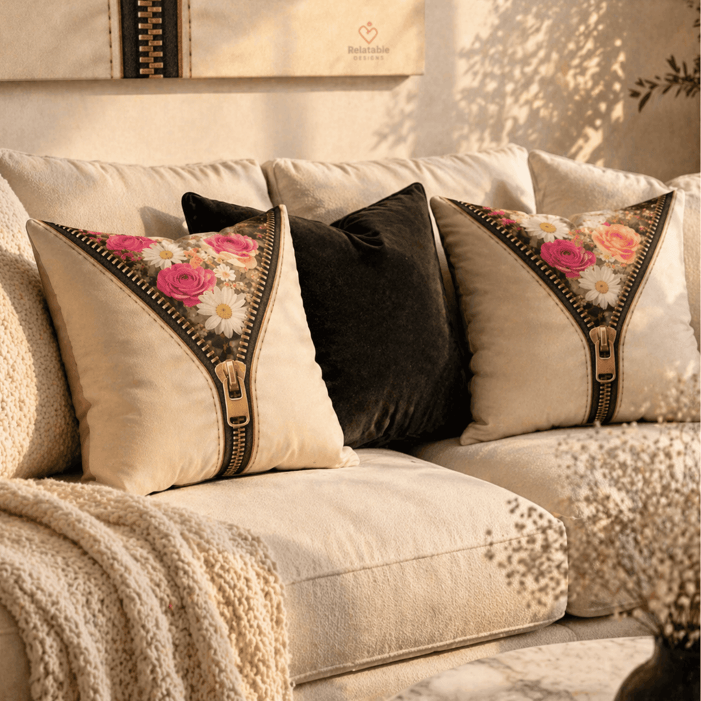 Decorative faux suede pillows on a beige sofa with floral zipper design