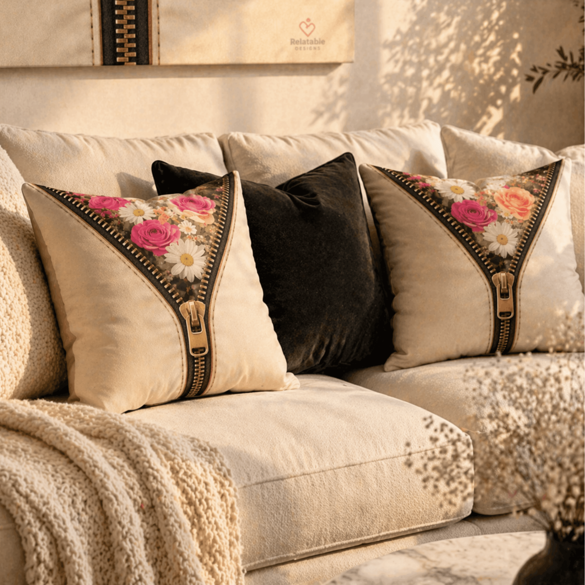 Decorative faux suede pillows on a beige sofa with floral zipper design