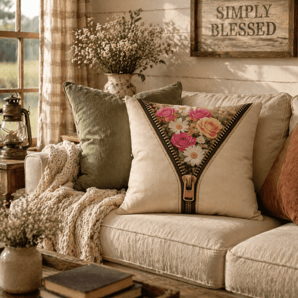 Cozy living room with a couch featuring decorative faux suede zipper pillow with beige chenille throw