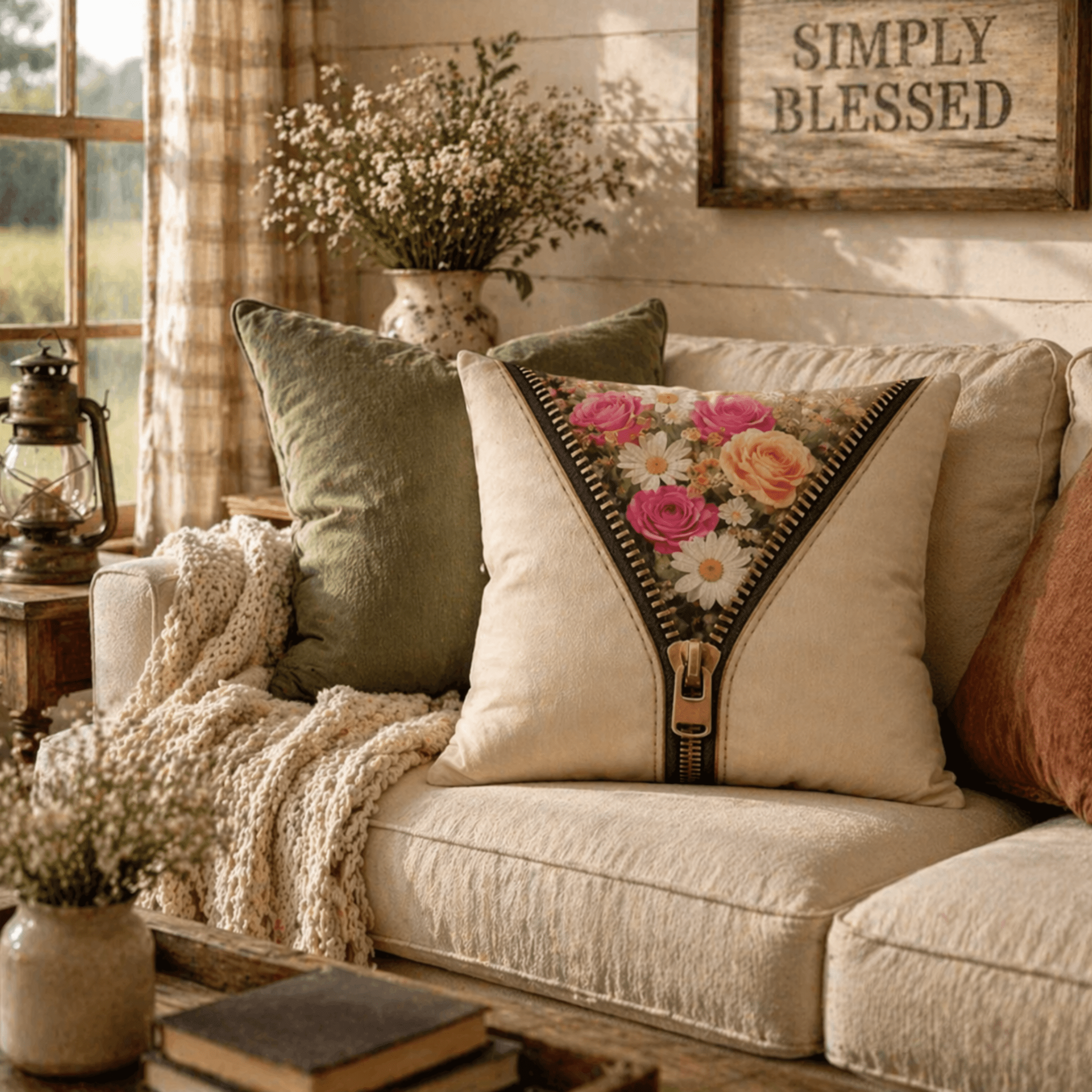 Cozy living room with a couch featuring decorative faux suede zipper pillow with beige chenille throw