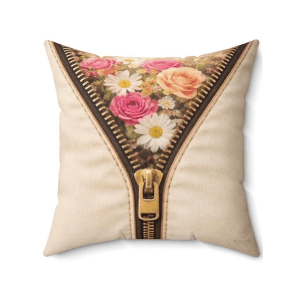 Decorative beige faux suede pillow with floral design and zipper detail on a white background by Relatable Designs