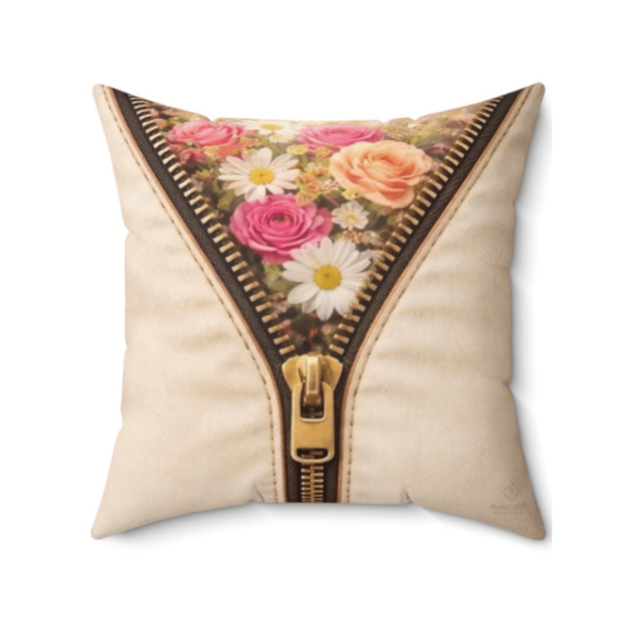 Decorative beige faux suede pillow with floral design and zipper detail on a white background by Relatable Designs