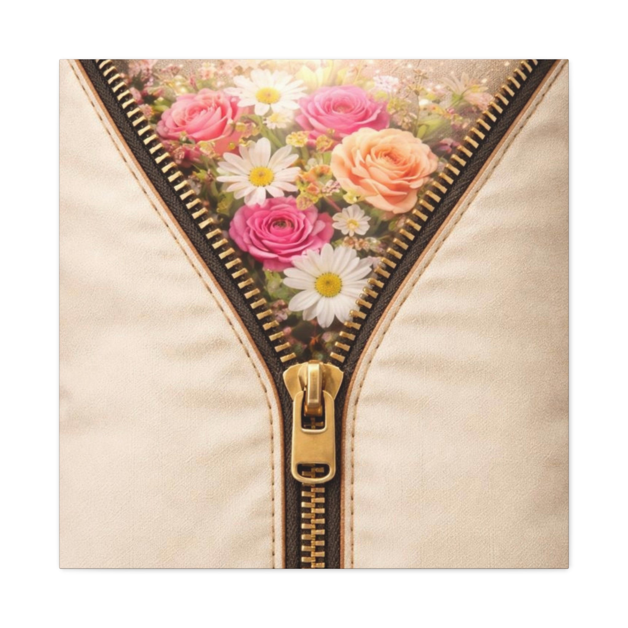 Close up. Cream floral wall art with zipper design revealing hidden flowers, symbolic neutral canvas decor by Relatable Designs