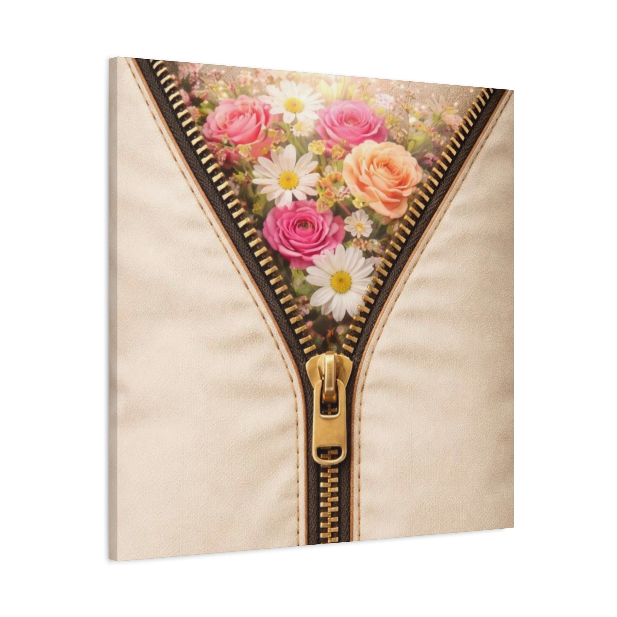 Detailed zipper opening revealing colorful floral arrangement on cream canvas wall art