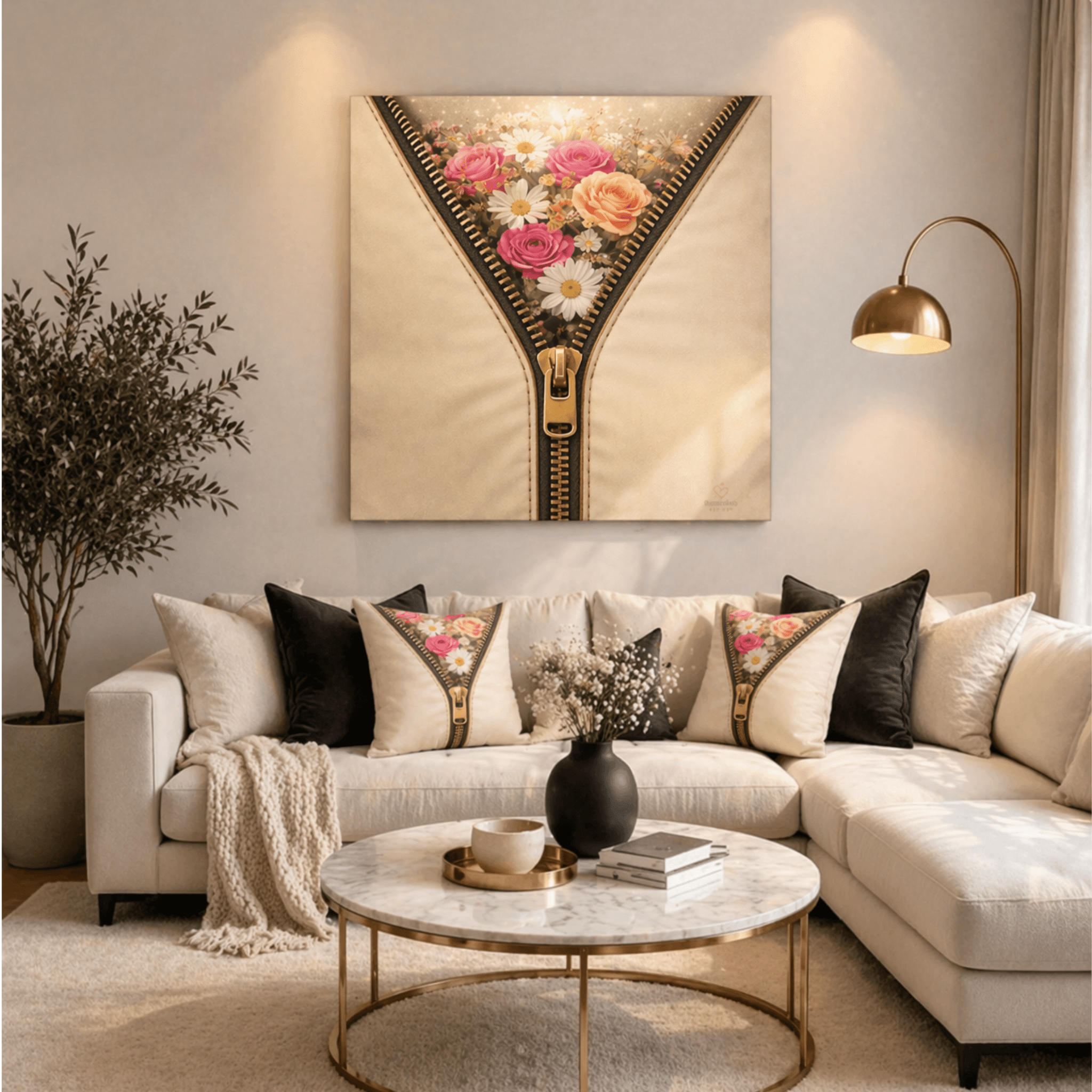Neutral floral wall art with zipper reveal displayed above a modern living room sofa