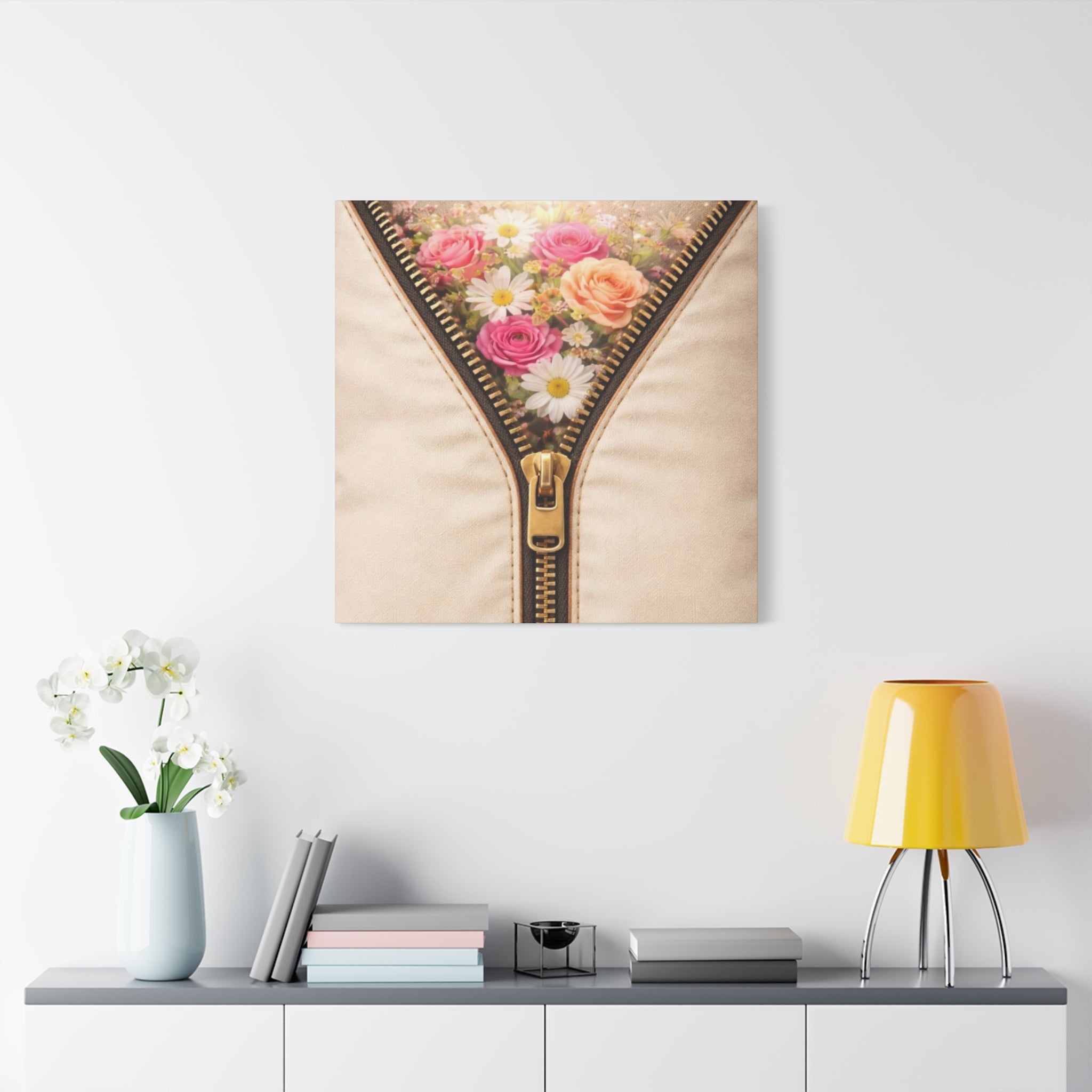 Elegant cream wall art with hidden floral design styled in a minimalist office on a white wall above a shelf with decor items.