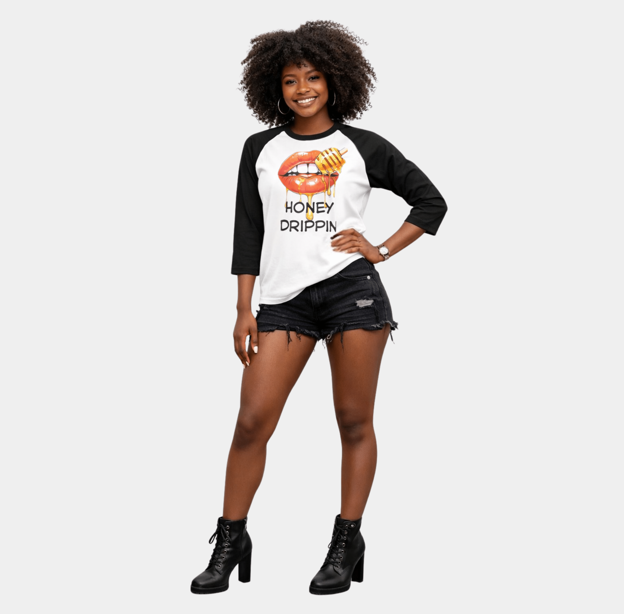 Relatable Designs raglan graphic t-shirt with coral lips design styled with black shorts casual outfit fashion mock-up