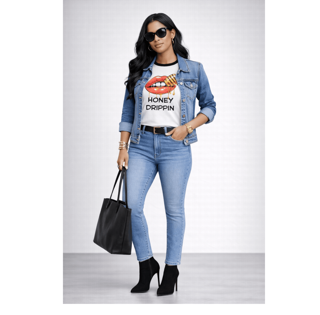 Relatable Designs lips graphic raglan t-shirt styled with denim jacket casual streetwear outfit mock -up