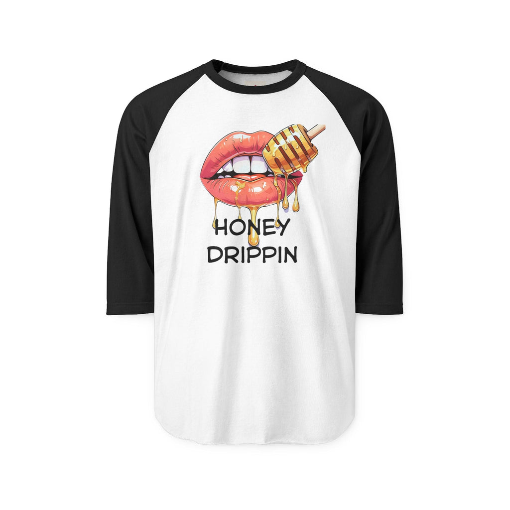 Relatable Designs baseball t-shirt with a graphic of lips and honey dripping, text 'Honey Drippin', on a white background  
