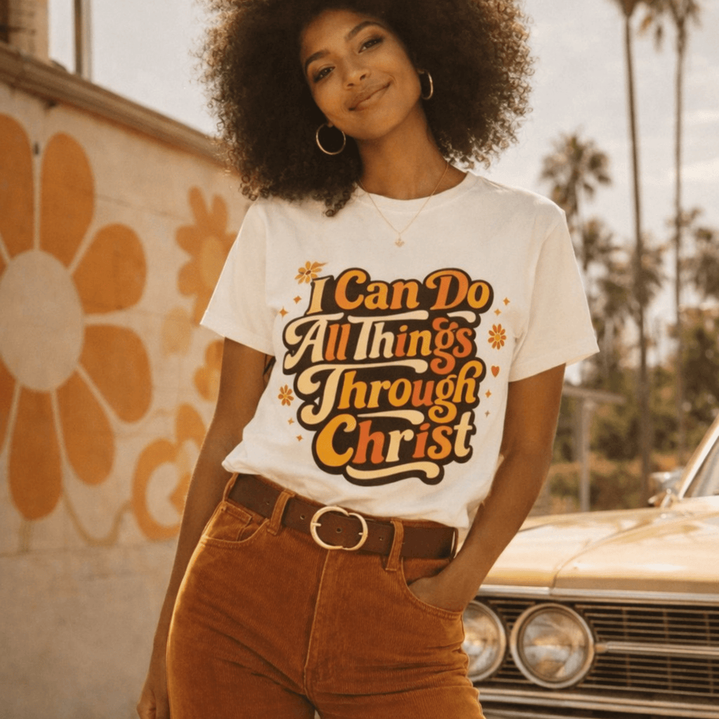 Woman wearing a beige t-shirt with a motivational quote, standing in front of a vintage car and wall with a large flower design.