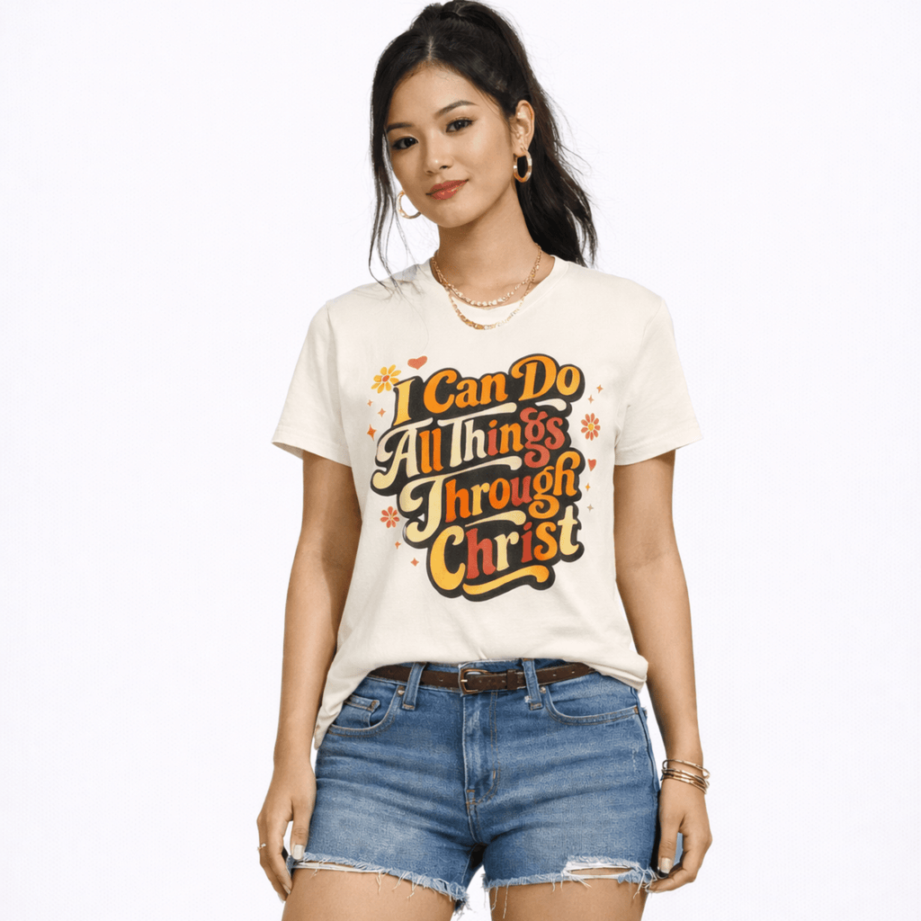 Woman wearing a beige t-shirt with motivational quote 'I Can Do All Things Through Christ' on a plain background