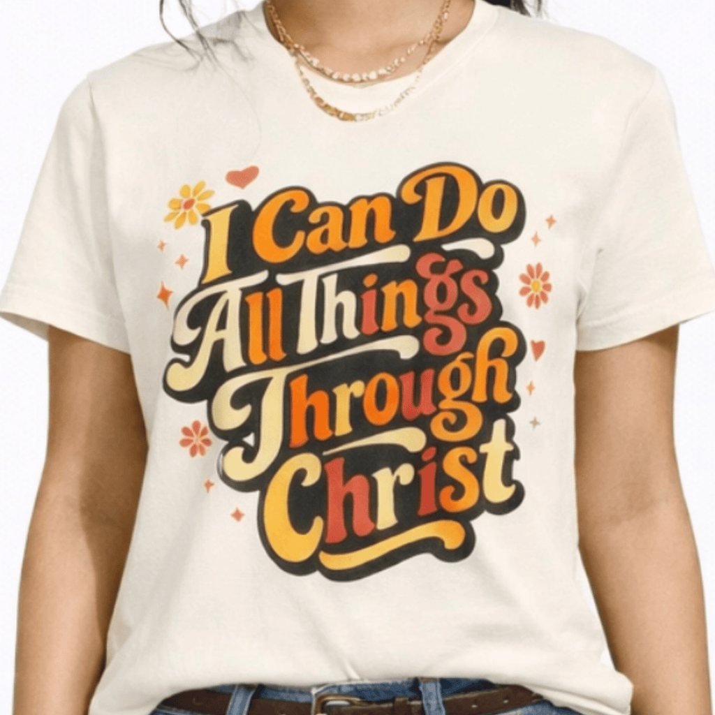 Person wearing a beige t-shirt with motivational quote 'I Can Do All Things Through Christ' in colorful text by Relatable Designs