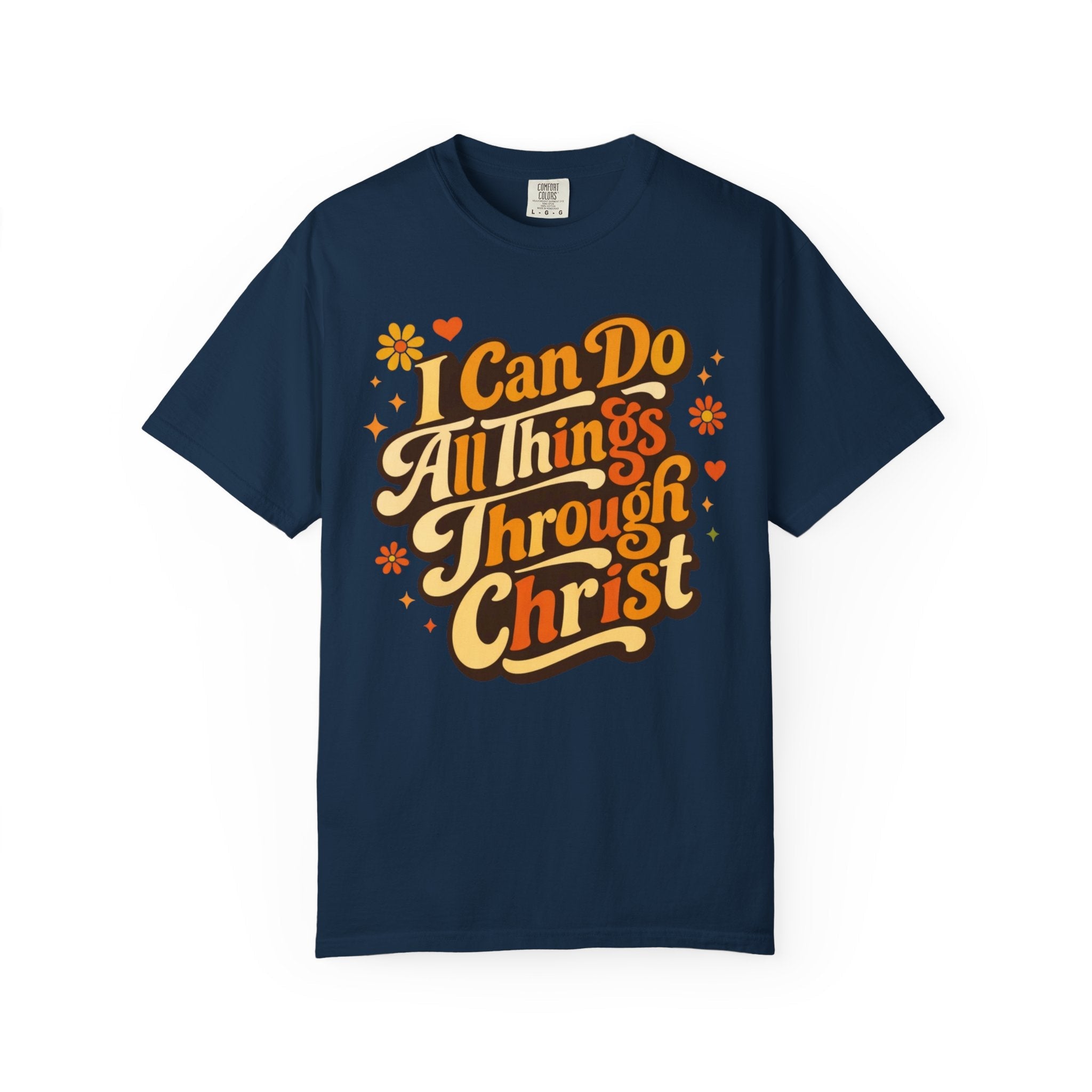Navy blue t-shirt with motivational quote in yellow and orange on a white background