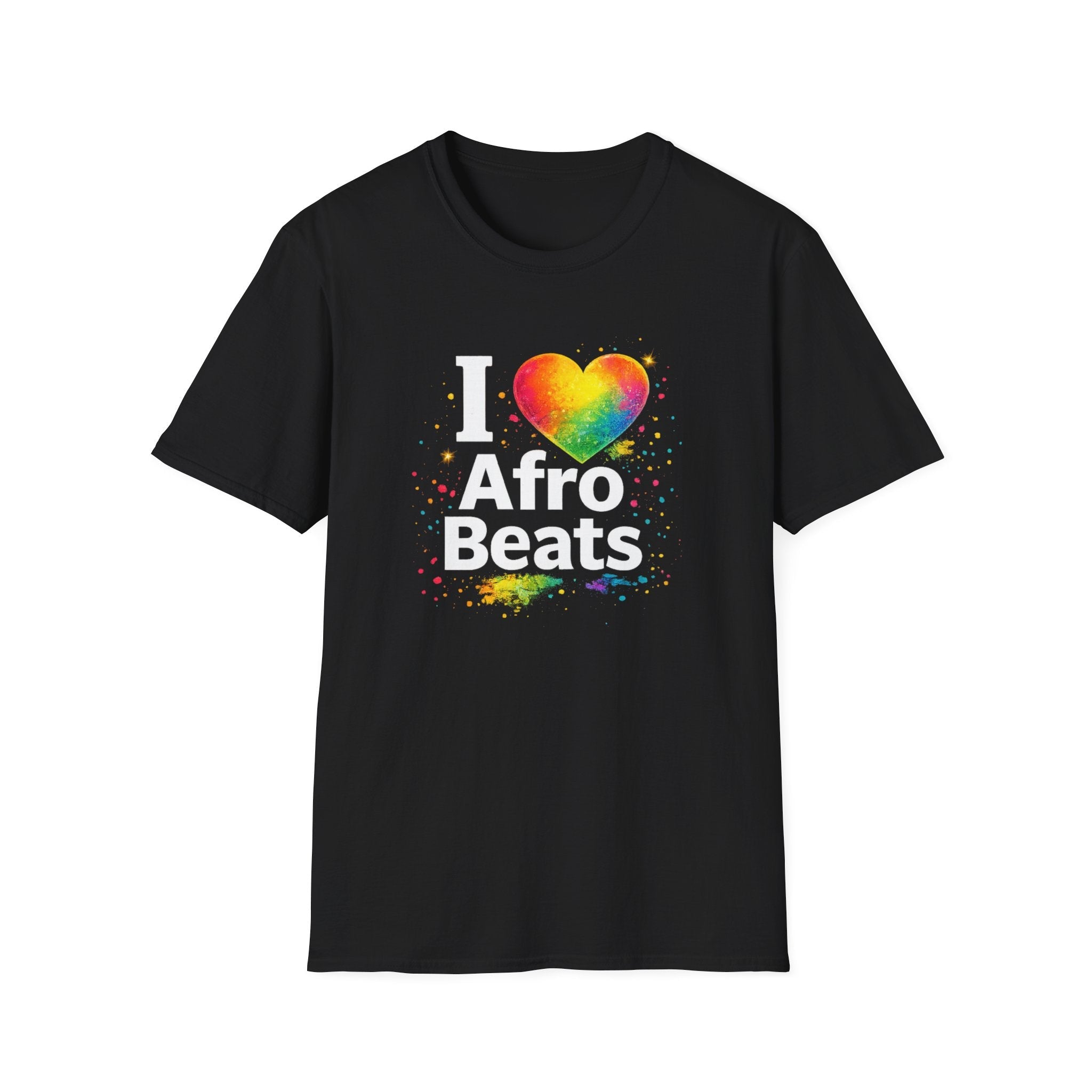 I Love Afro Beats Black T-Shirt – Colorful Heart Music Tee for Afrobeat Fans by Relatable Designs.