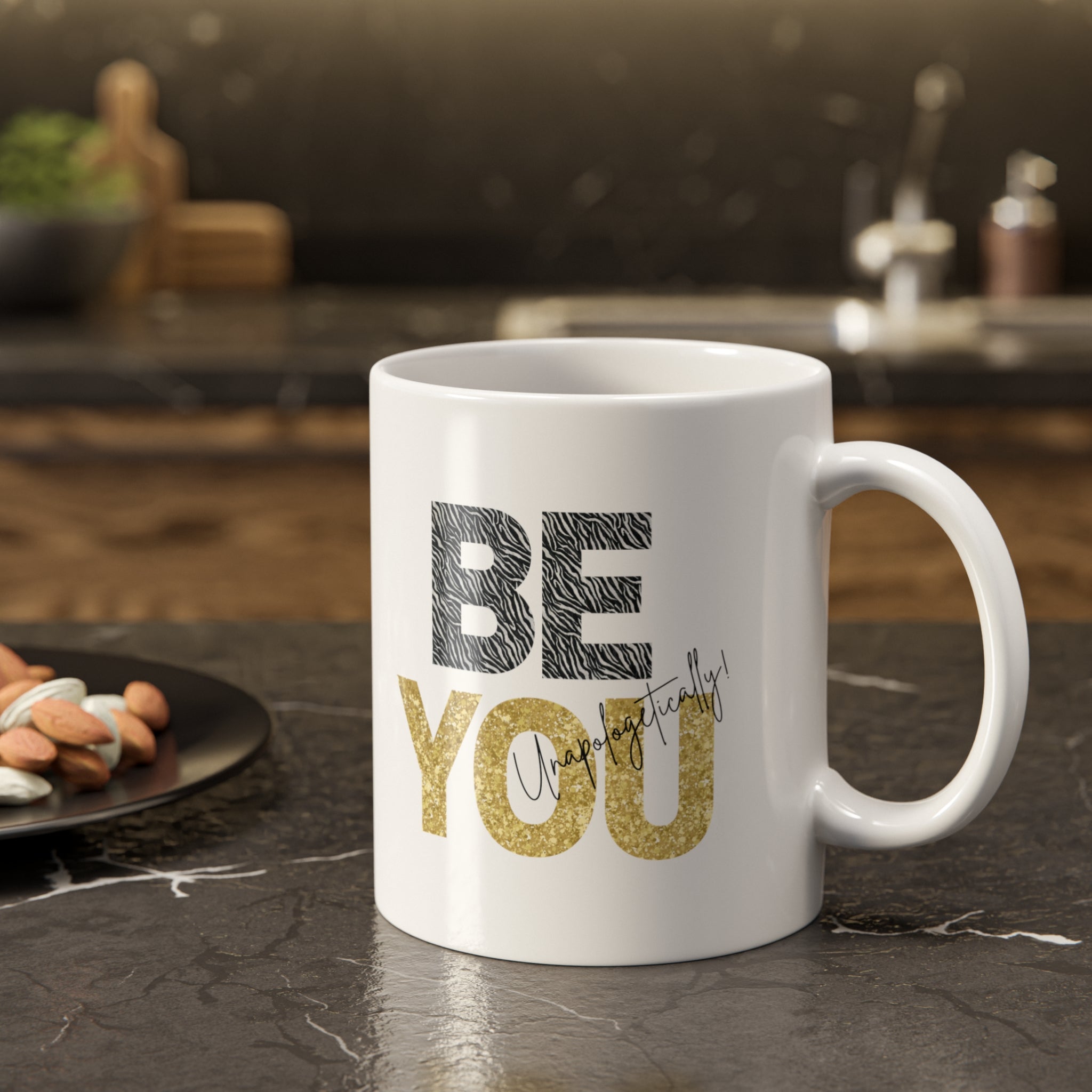 Modern empowerment white mug with 'BE YOU Unapologetically' text on a kitchen counter