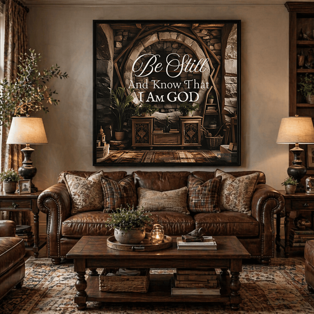 Scripture wall art displayed in a cozy living room creating a calm and faith-inspired atmosphere