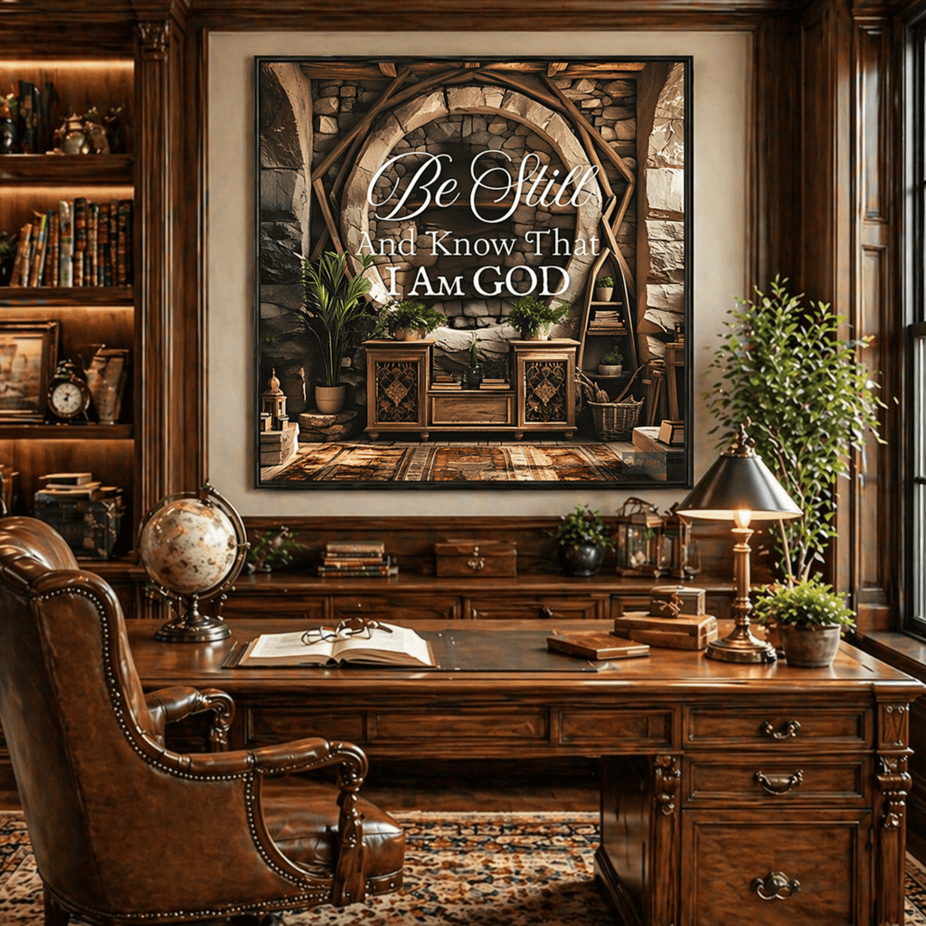 Decorative office with wooden desk, chair, and framed artwork with motivational quote - 'Be Still And Know That I Am God'