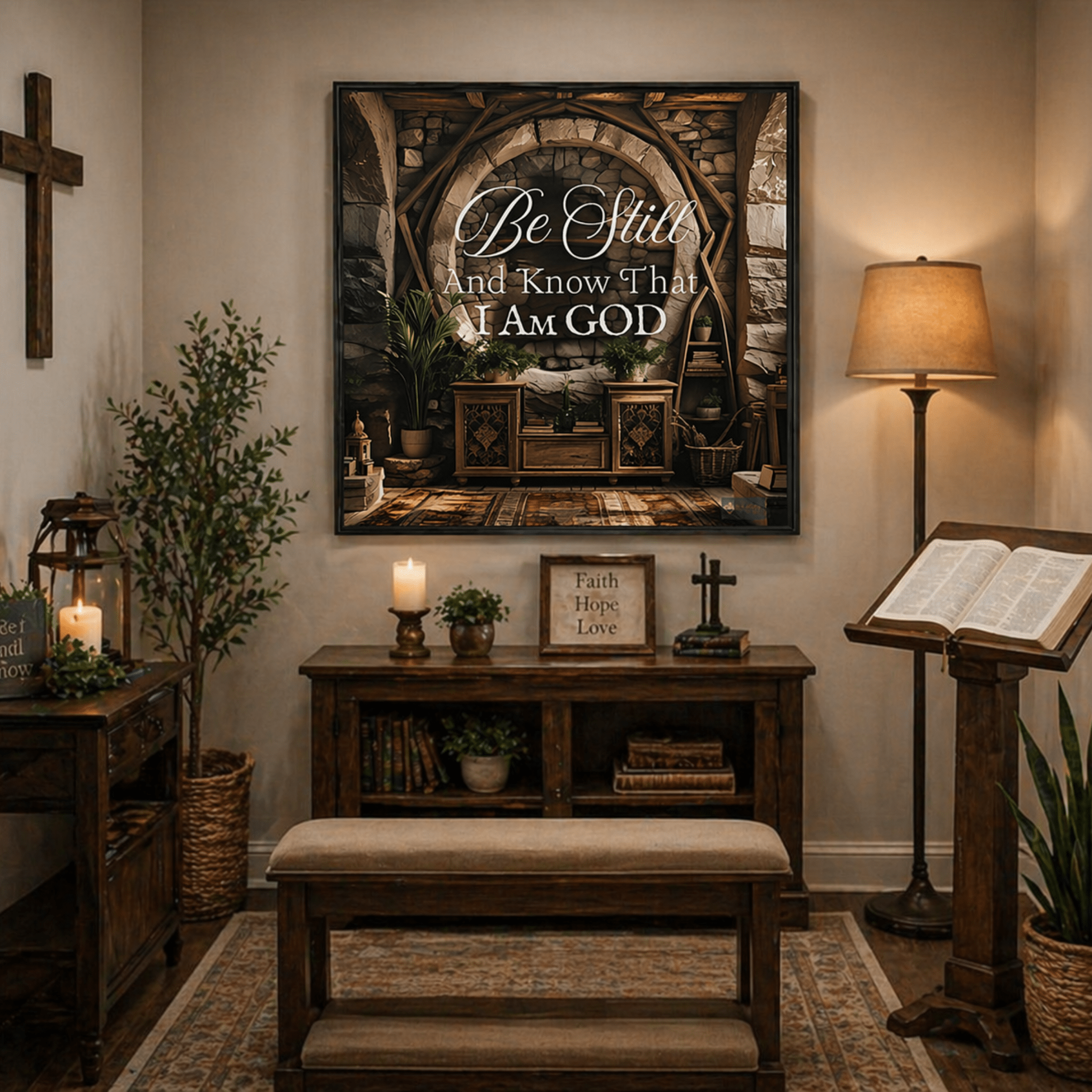 Nestled corner of a room with wooden furniture, decor items, and a large framed inspirational quote on the wall with text 'Be Still And Know That I Am God'