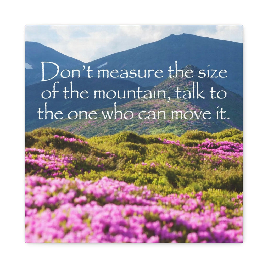 Mountain landscape with pink flowers and motivational quote - Don't Judge The Size Of The Mountain by Relatable Designs. 