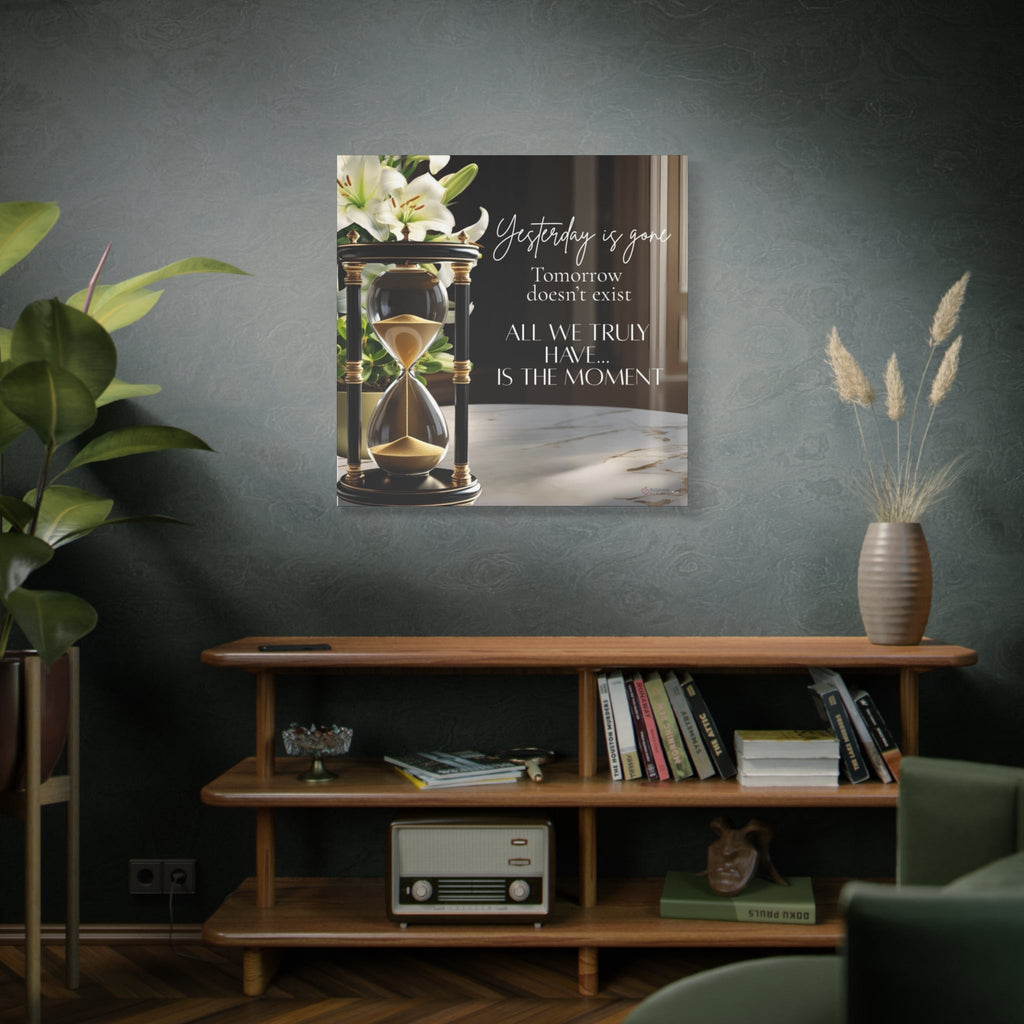 Wall art with an hourglass and floral design in a living room setting.