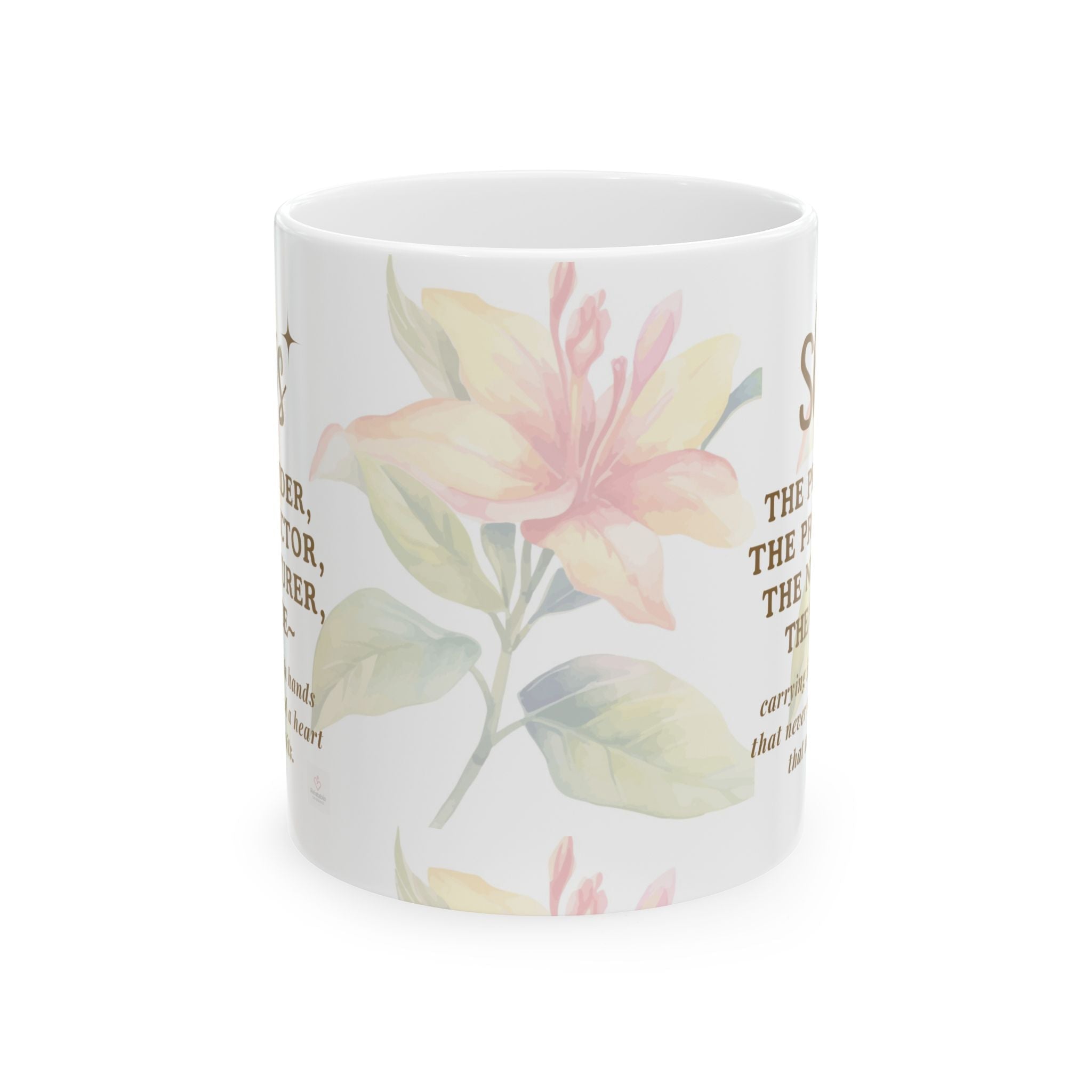 White mug with floral design and text on a white background. Front view.