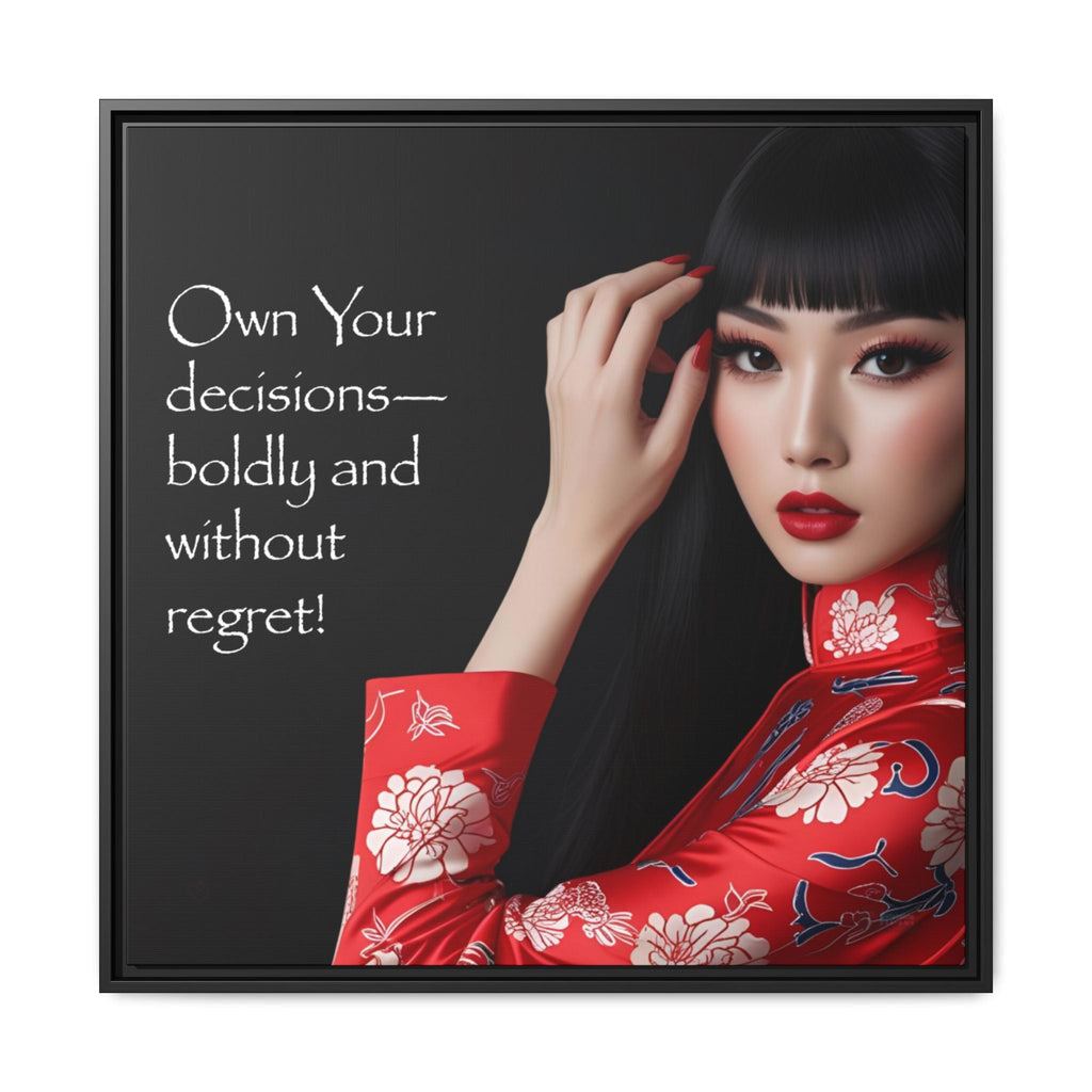 Framed artwork with Asian woman in red floral dress and motivational text on black background by Relatable Designs.