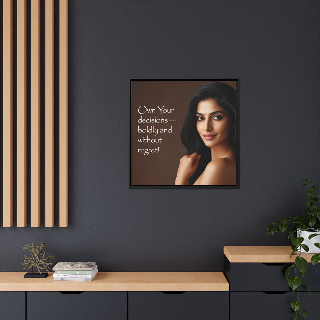 Framed canvas portrait of woman with motivational quote on a dark wall with wooden shelves.