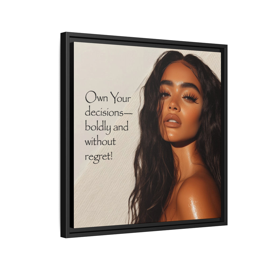 Framed canvas wall art with a woman's portrait and motivational quote on a beige textured background.