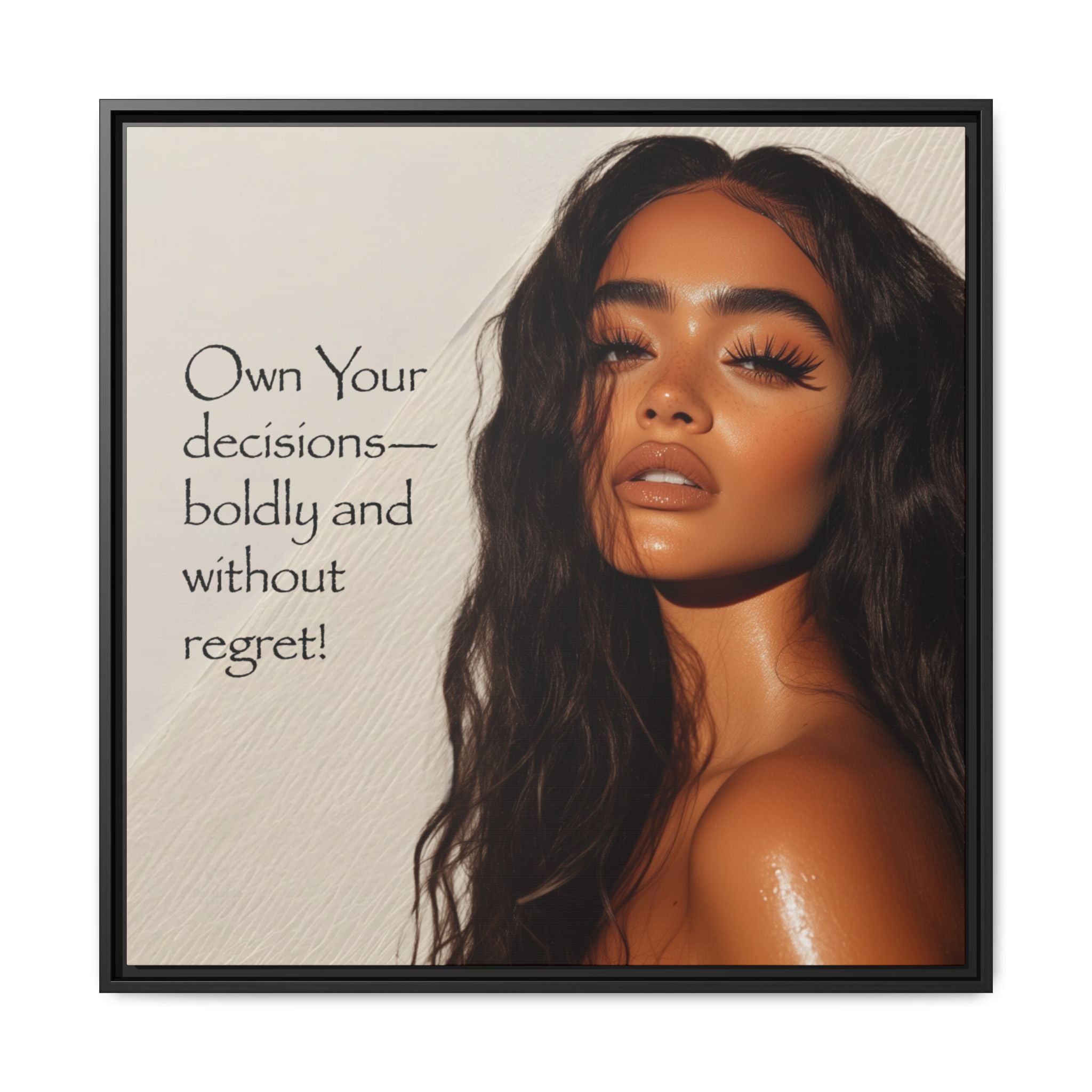 Framed portrait of a Latino woman with motivational quote on a textured beige background by Relatable Designs. 
