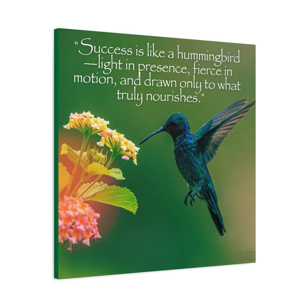 Nature Inspired Canvas with hummingbird and flower on a vibrant green background with a motivational quote. 